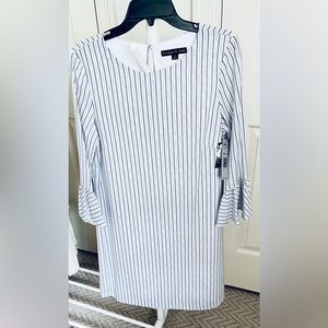 Preston & York Dress 8 Ladies White Black striped 3/4 ruff sleeve round neck